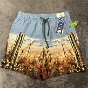 ROWM Swim Shorts Men Medium 30" Blue Cactus Graphic Quick Dry Drawstring NEW